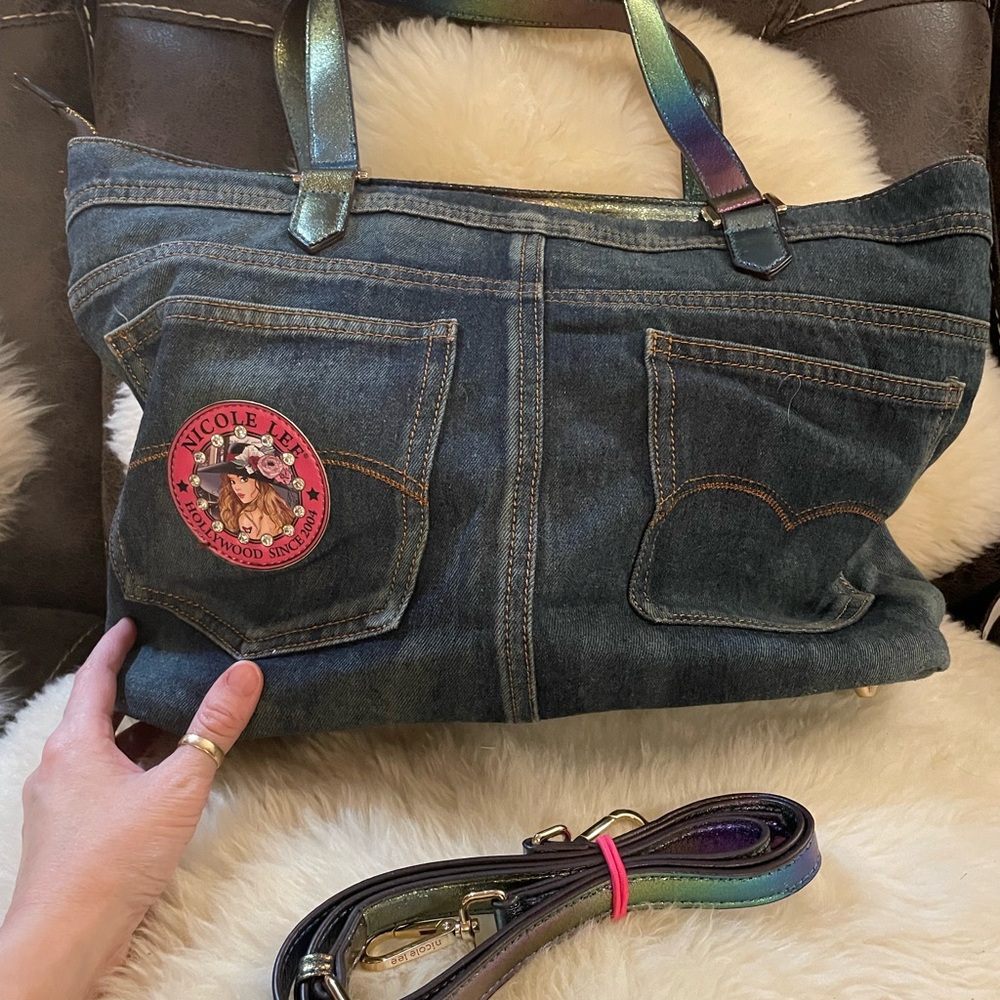 Nicole Lee Denim Tote with Multicolor Handles - Picture 2 of 11